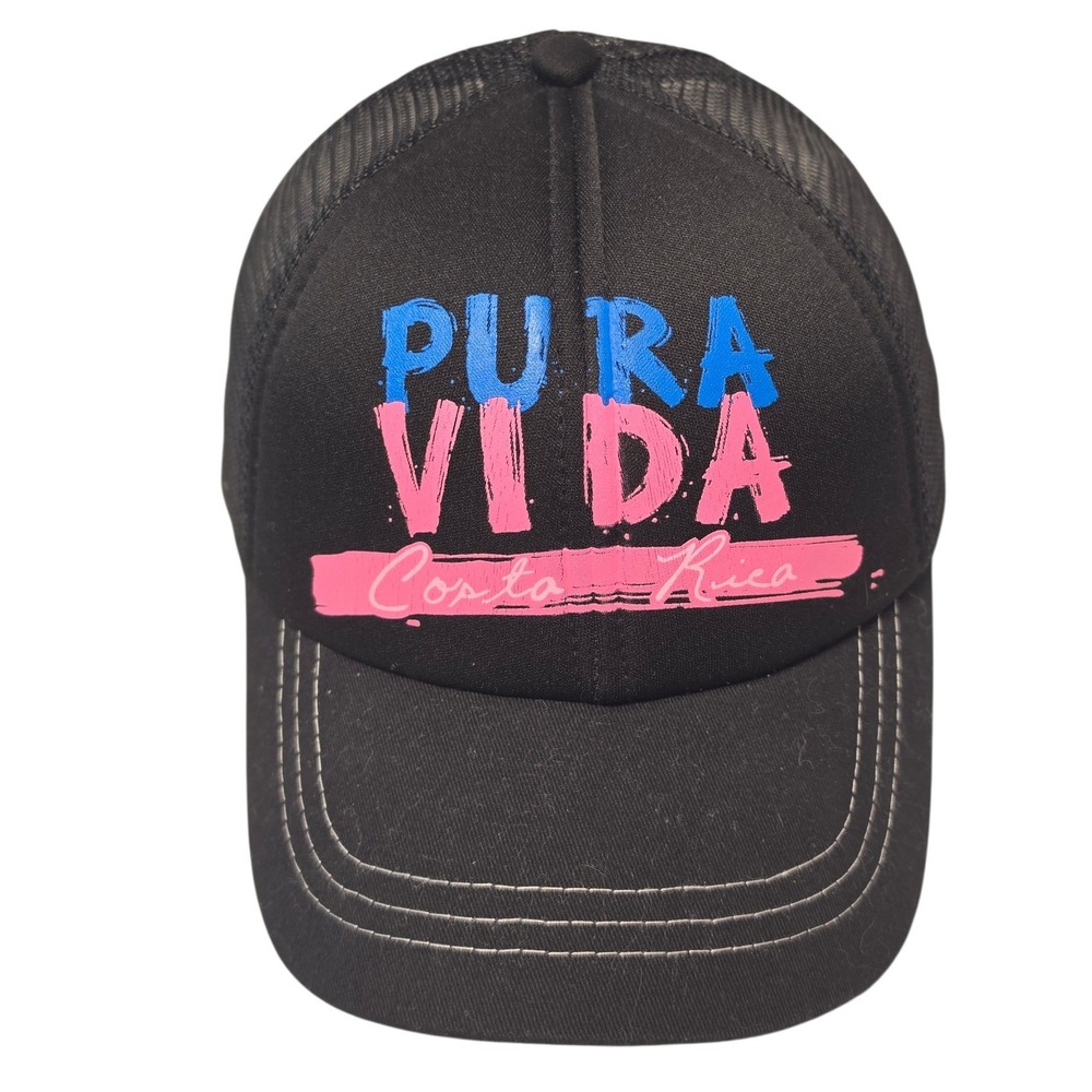 Pura Vida Costa Rica Trucker Hat Black Mesh Snapback Pink Blue Graphic Cap
